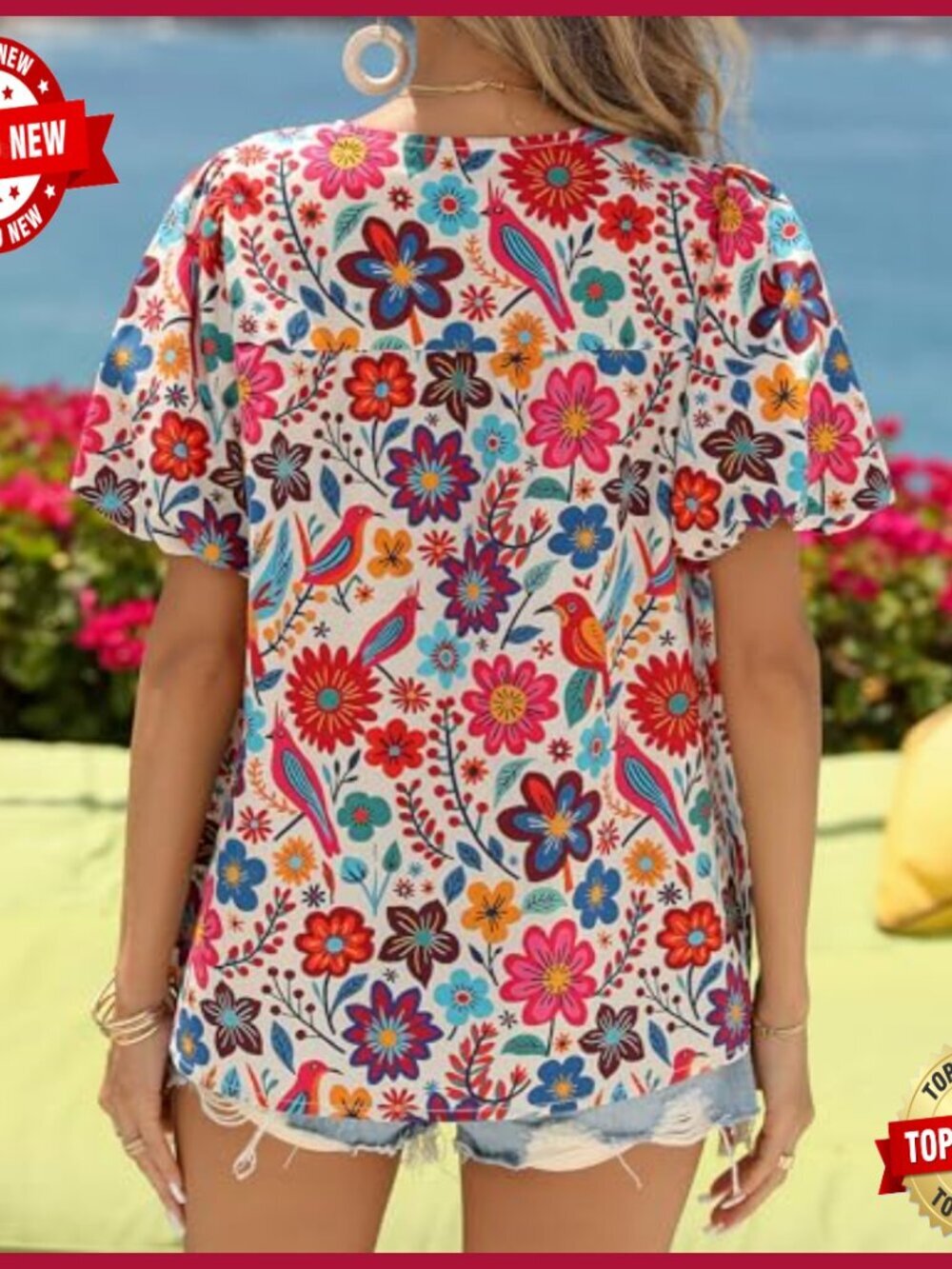 Floral V-Neck Blouse Drawstring Short Sleeve Boho Top Summer Casual - Picture 3 of 7